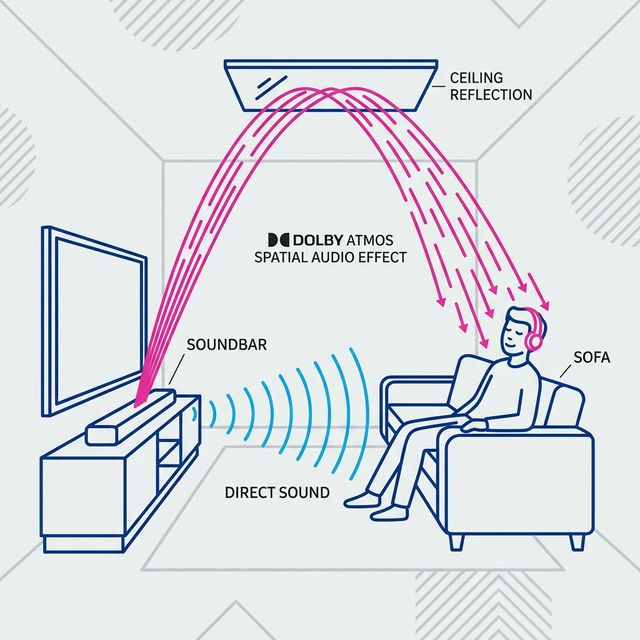 Ilustración de ondas de sonido Dolby Atmos rebotando por la habitación hasta el usuario