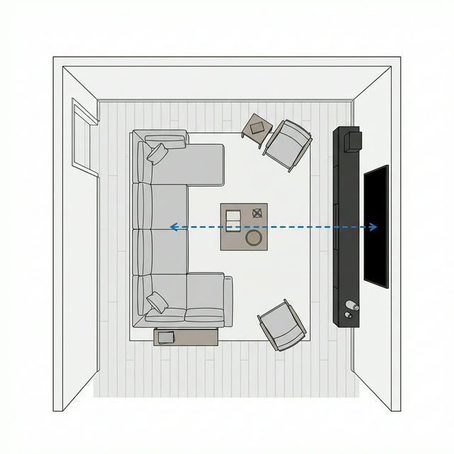 Esquema aéreo de la distancia entre el sofá y una Smart TV